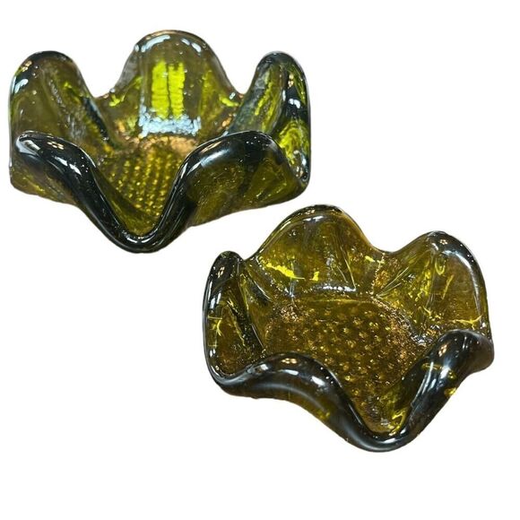 MCM Green Art glass Finger design nesting ashtray/candle holder set of 2 - Picture 1 of 4